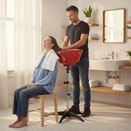 Bac lave tête rouge coiffure sur pied avec douchette