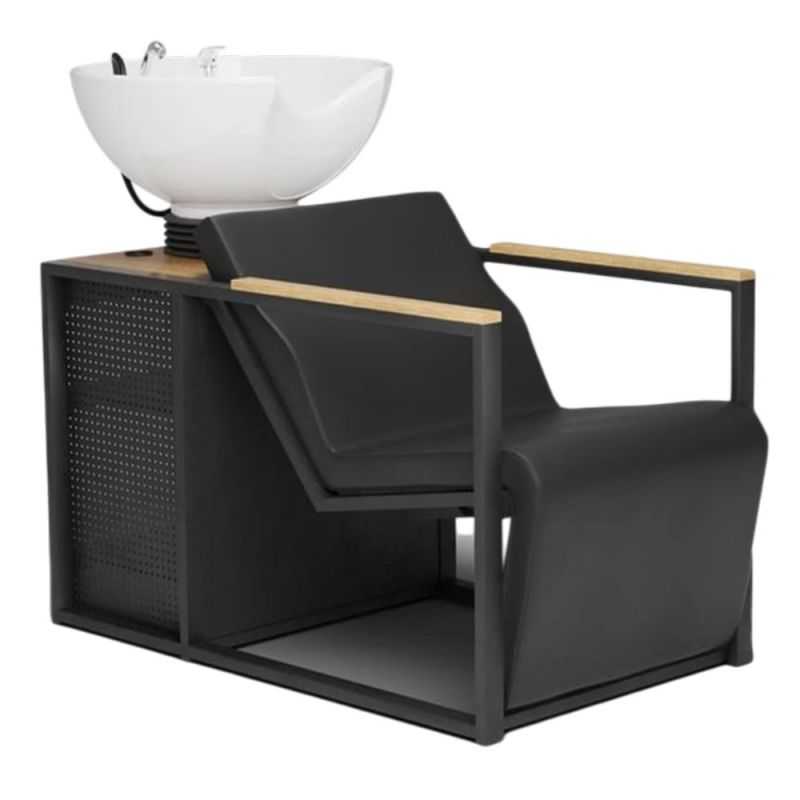 Bac à shampoing professionnel Basil noir vasque blanche accoudoirs bois Bac à shampoing professionnel Basil noir vasque blanche accoudoirs bois