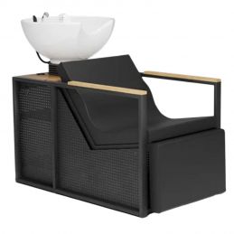 Bac de lavage E-Basil noir vasque blanche accoudoirs bois avec repose-pieds électriques