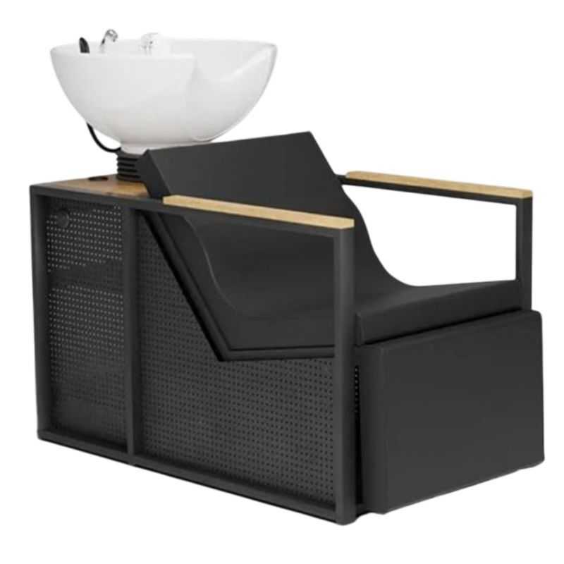 Bac de lavage E-Basil noir vasque blanche accoudoirs bois avec repose-pieds électriques Bac de lavage E-Basil noir vasque blanche accoudoirs bois avec repose-pieds électriques