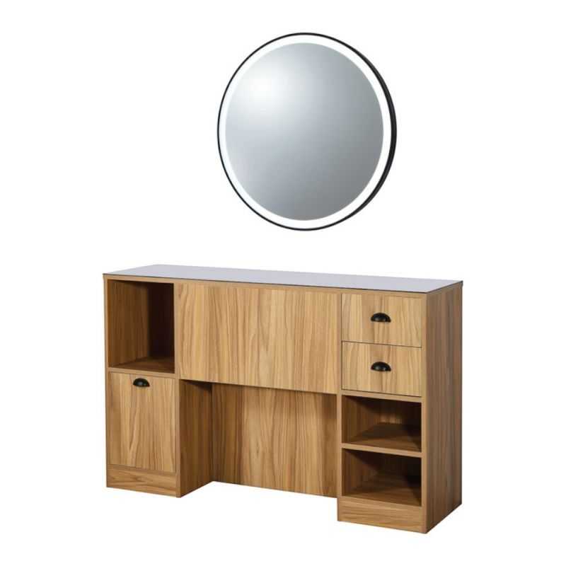 Meuble de coiffage professionnel OKE 6 BE bois clair avec miroir rond LED Jade Meuble de coiffage professionnel OKE 6 BE bois clair avec miroir rond LED Jade