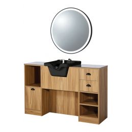 Poste de coiffage professionnel OKE 7 BR/B bois clair avec vasque noire et miroir rond
