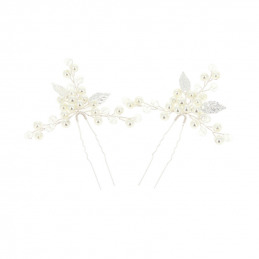 Lot de 2 épingles à chignon feuilles argentées et perles Coiffeo