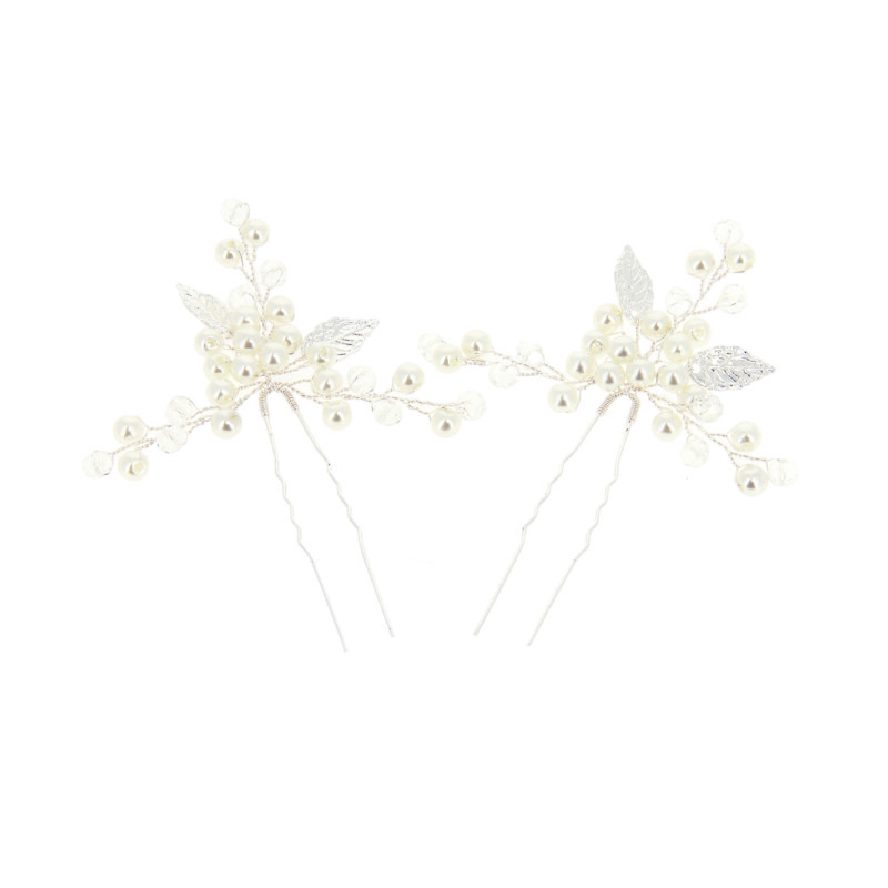 Lot de 2 épingles à chignon feuilles argentées et perles Coiffeo
