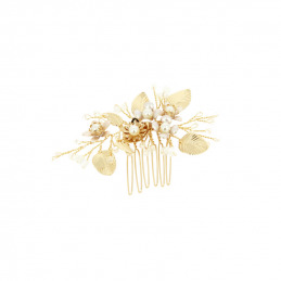 Peigne barrette doré mariage avec fleurs et perles Coiffeo