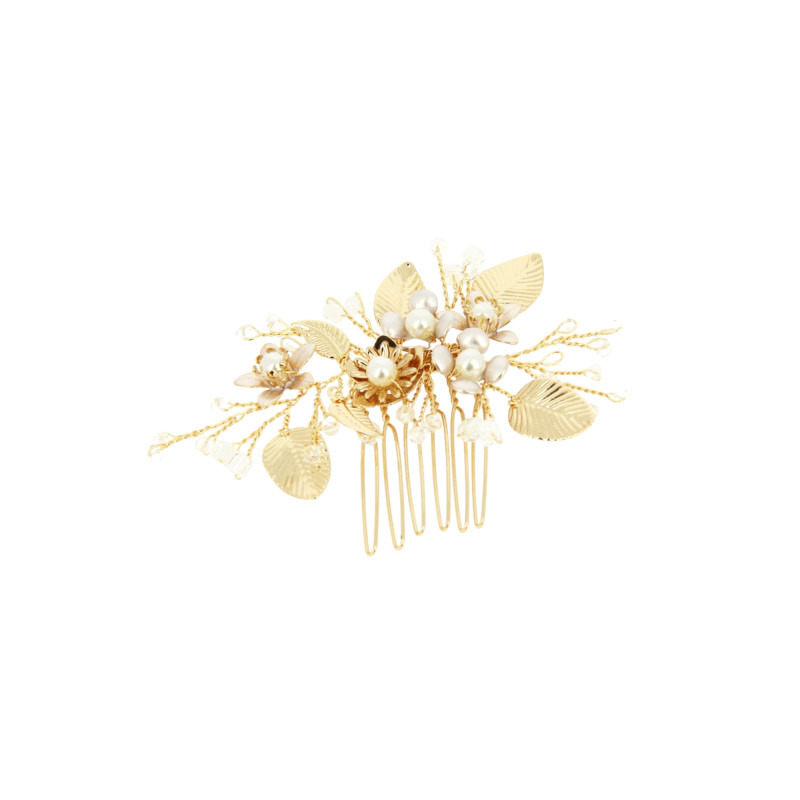 Peigne barrette doré mariage avec fleurs et perles Coiffeo