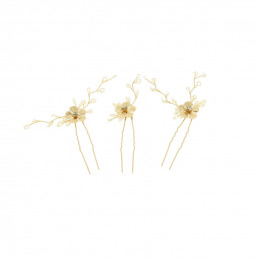 Lot de 3 épingles à chignon fleurs dorées et perles - Coiffeo
