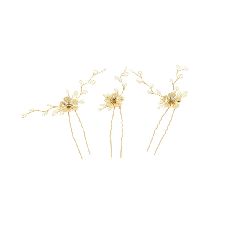 Lot de 3 épingles à chignon fleurs dorées et perles - Coiffeo